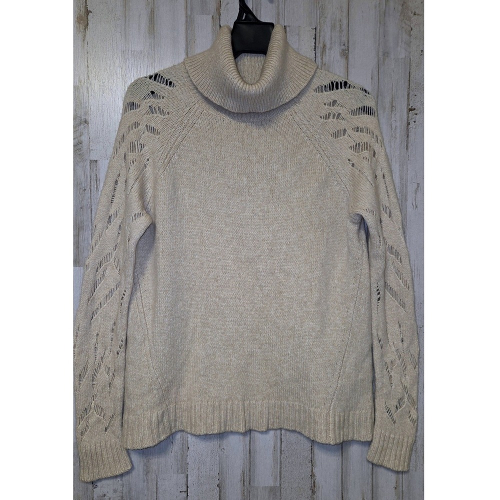 VINCE women M Turtleneck Sweater Pullover Merino Wool Camel Crochet sleeve